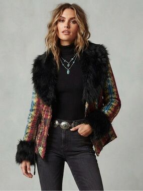UNIF Black Faux Fur Trim Aztec Woven Jacquard Wrap Jacket Size Small